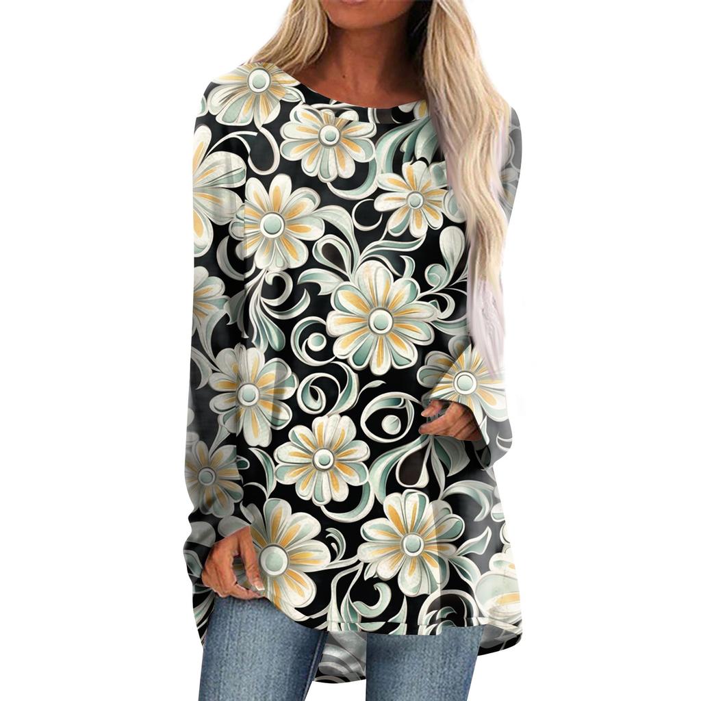 Women's Fashion Casual Long Sleeve  Print Round Neck Pullover Top Blouse