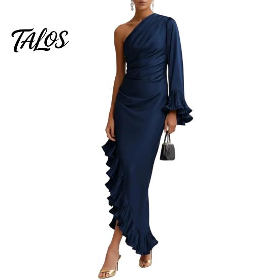 Talos Women's One Shoulder Asymmetric Ruffle Satin Dress, Formal Evening Party Gown, Long Sleeve Ruched Bridesmaid Dress