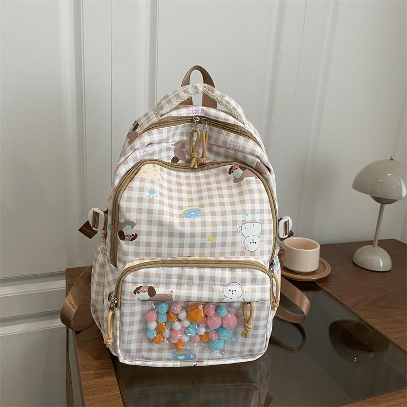 Cartoon Cat Pattern Women's Backpack Plaid Schoolbag