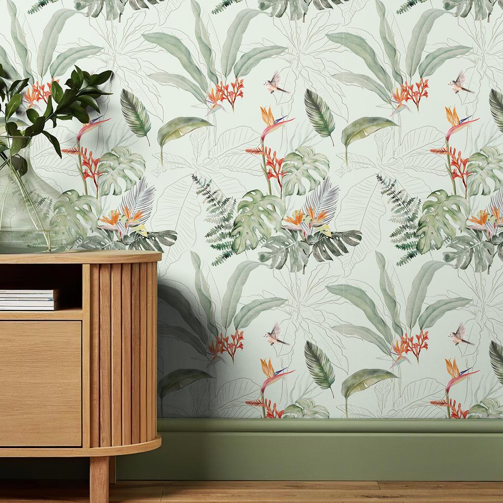 Light Green Botanical Birds Wallpaper Peel and Stick Waterproof Fresh Decor for Living Room Chic Leaves Bathroom Wallpaper