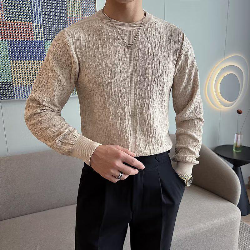 Męski dopasowany sweter żakardowy z okrągłym dekoltem - Koreański styl Kolekcja Jesień/Zima