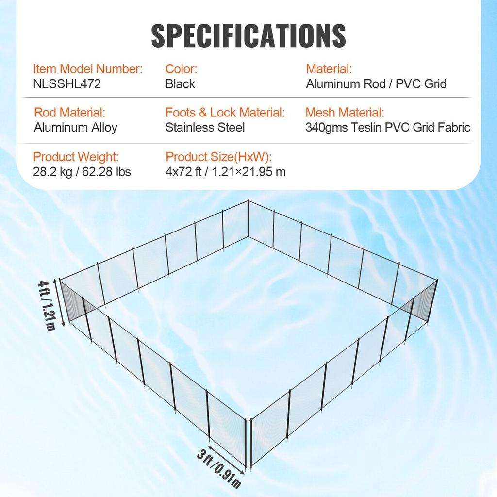 Pool Fence, 4 X 72 FT Pool Fences for Inground Pools, Removable Child Safety Pool Fencing, Easy DIY Installation Swimming Pool Fence, 340gms Teslin