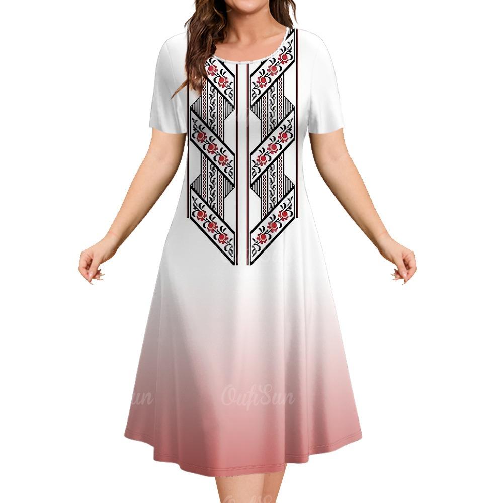 New Design Women's Dresses Ethnic Print Elegant And Beautiful Midi Dresses Plus Size Female Short Sleeve Dress Summer