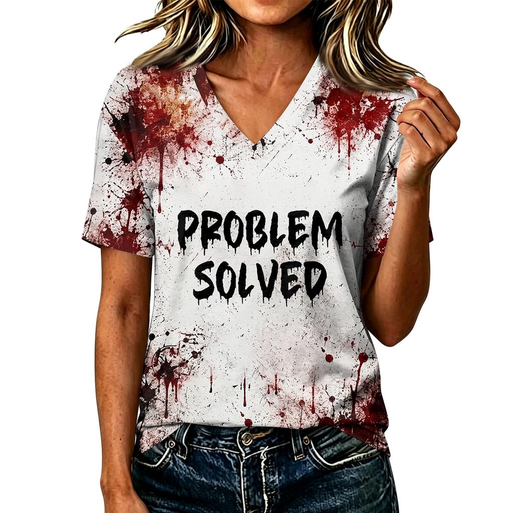 Women's Casual V-Neck Top with Halloween Print for Fall Festive Wear