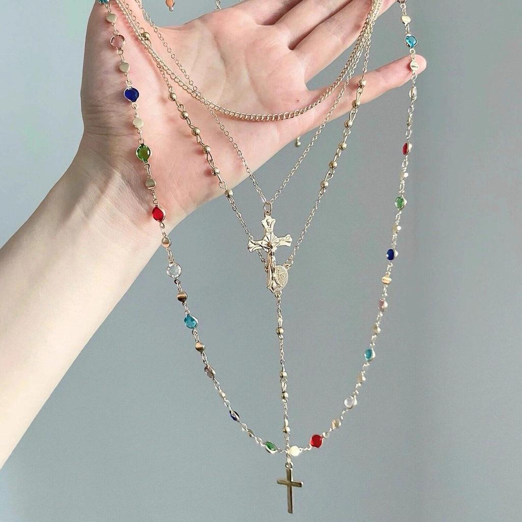 Bohemian Retro Rhinestone Multi-layer Cross Necklace, Women's Fashion Clavicle Chain