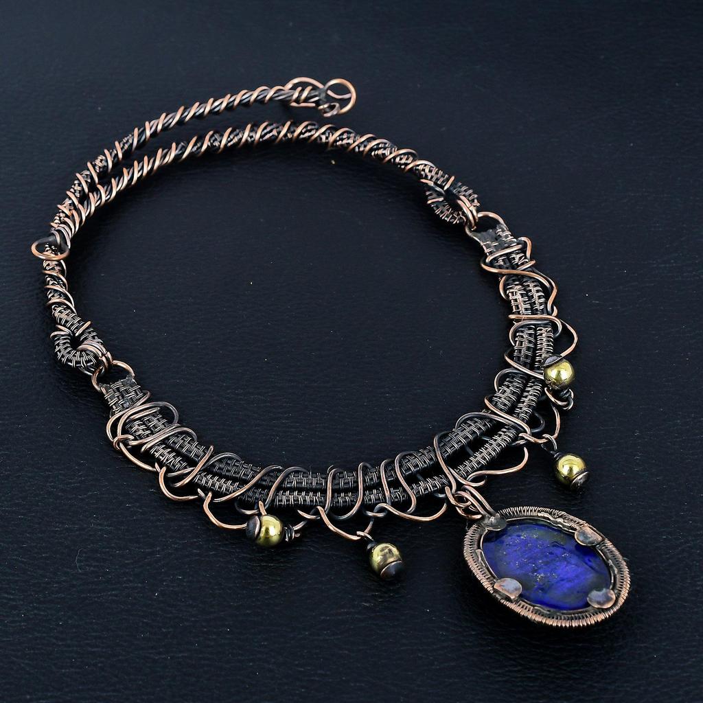 Lapis Lazuli Necklace Handmade Jewelry, 999 Copper Wire Wrapped Necklace Designer Gemstone Jewelry Adjustable Chain Necklace Gift For Mom