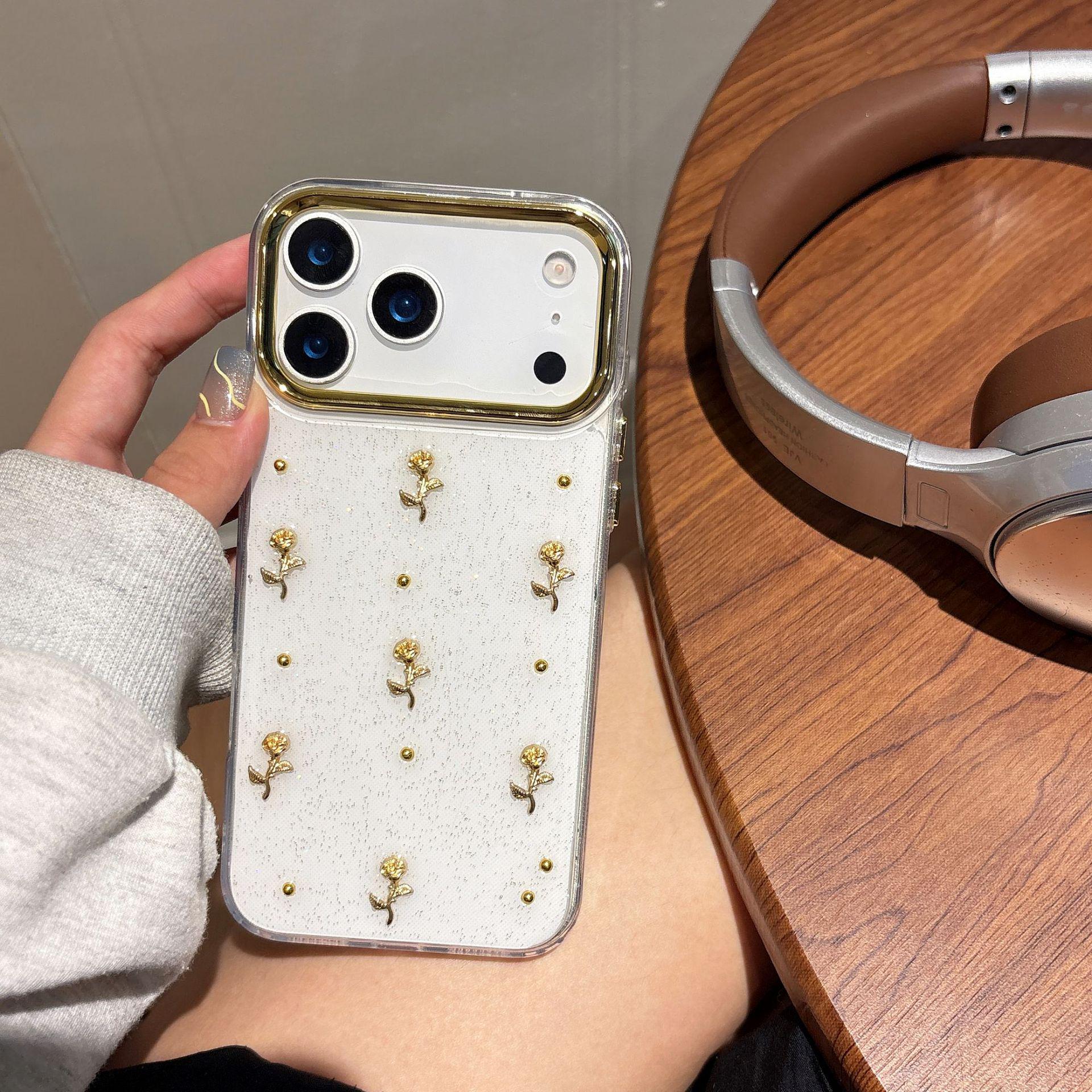 

iPhone 16 Pro Max Soft Transparent Epoxy Case - Gold Rose, Compatible with iPhone 14/13/17 Pro 12