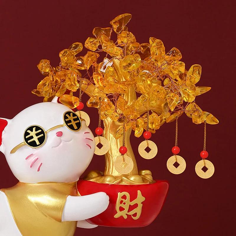 Fortune Cat Crystal Fortune Tree Decoration Gift for High End New House Relocation Gift