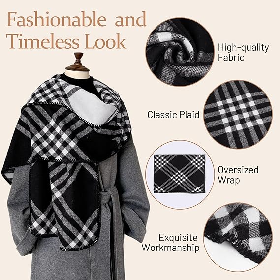 Fular de iarnă pentru femei cu carouri, 186*55cm - Versatil, Călduros, Gros, Șal supradimensionat în carouri din cașmir fals