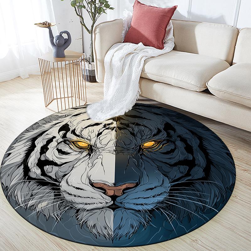 Black and White Tiger Round Area Rug,Carpet Rug for Living Room Bedroom Sofa Playroom Decor,Non-slip Floor Mat