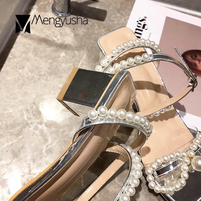 Fashion Pearl Bow-knot Silver Transparent Patchwork Sandals Women Open Toe Beads Studs Gladiator Sandalias Chunky Med High Heels Zapatos