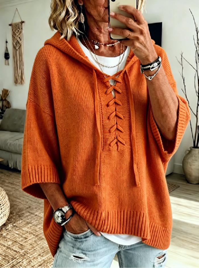 Europe & America Solid Color Hooded Sweater - Autumn 2026, Loose Knit Top with Drawstring for Women