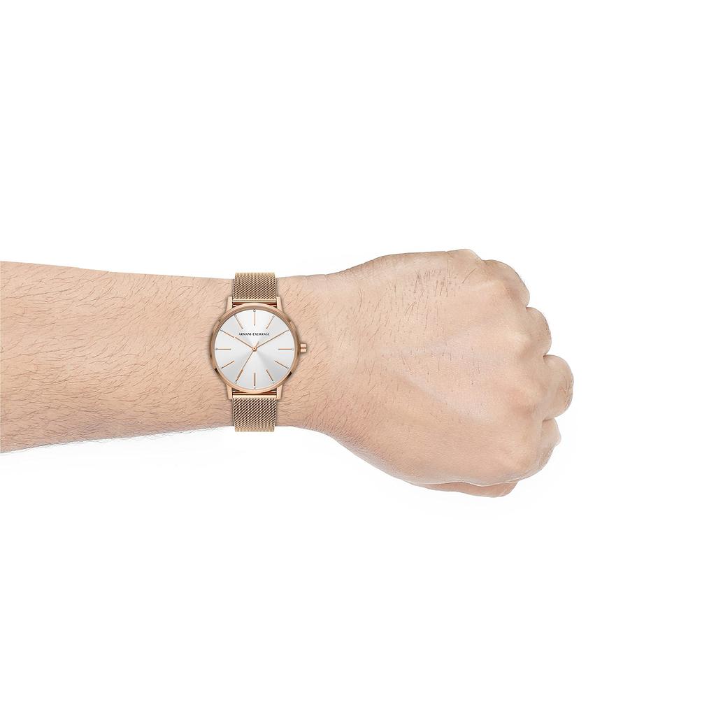 Armani Exchange Three-Hand Rose Gold Tone Stainless Steel Mesh Watch