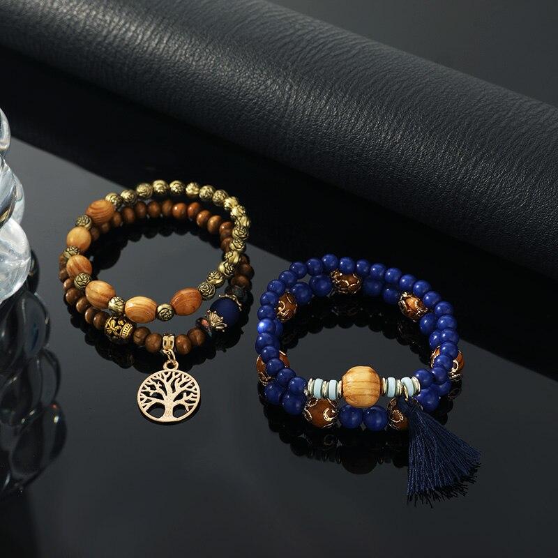 4pcs Vintage Bracelet Ladies Light Luxury Style Multi Color System Stone Tassel Multi Layer Beads Leaf Pendant Jewelry