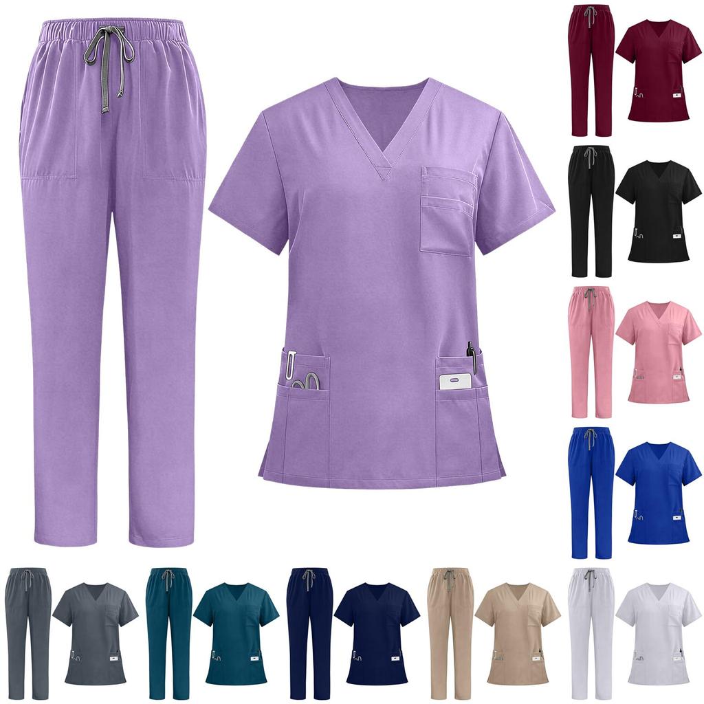 Damen V-Ausschnitt Kurzarm Kasack-Uniform Set mit Oberteil und Hose