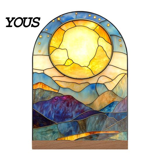 Stylish Interior Ornament Stained Glass Style Acrylic Table Centerpieces, Floral & Landscape Pattern Durable Desk Tabletop Sign with Wood Base