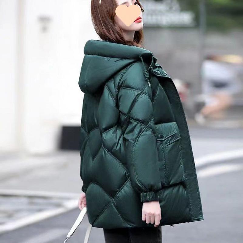 Women's Winter Thickened Plus Size Warm Jacket Loose Large Pocket Hooded Diamond Check Warm