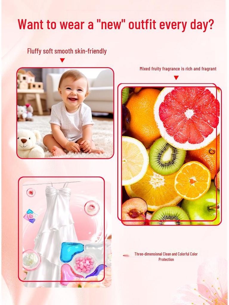 100-piece pack of five-in-one laundry pods with fragrance, softening, stain removal, and five-chamber design.