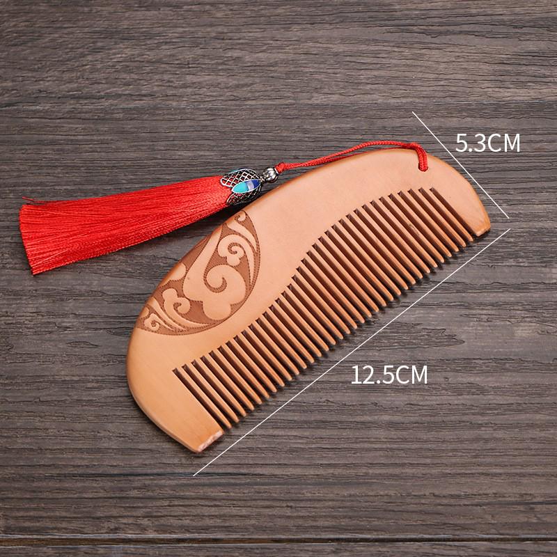 Boutique Peach Wood Comb - Hand-Carved Sandalwood with Auspicious Clouds Design, Personalized Logo Option.