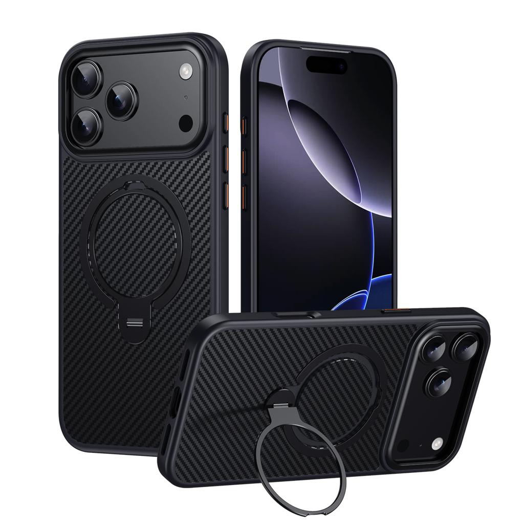 360 Rotating Kickstand Magnetic Carbon Fiber Pattern Case For iPhone 17 Pro Max 16 Plus 15 14 13 12 Comfortable Grip Slim Cover