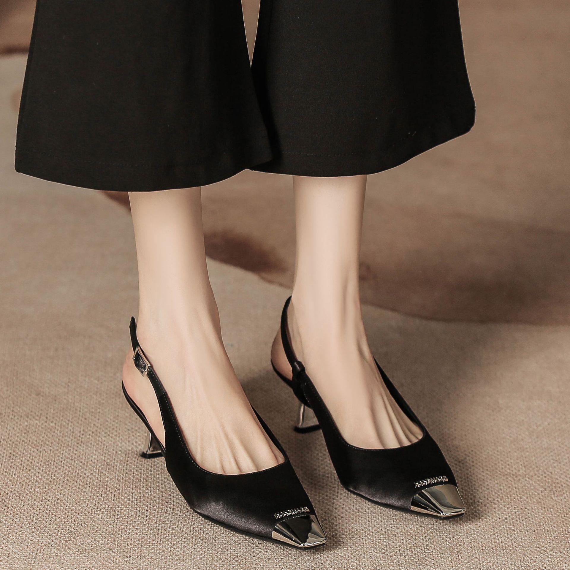 

H6883-9 steel head sheepskin pad women s shoes small fragrant wind half bag head rear empty high-heeled sandals 5CM short-heeled sandals women 34