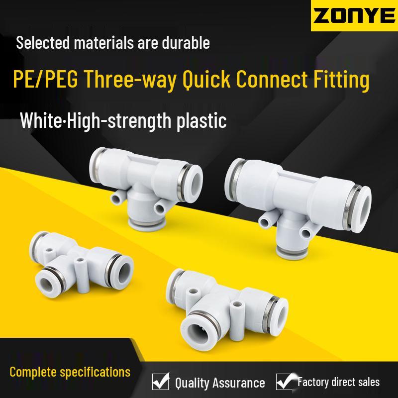 White Plastic T-Type Pneumatic Air Hose Quick Connector, Reducer for 4/6/8/10/12/16mm Hoses. 4 mm
