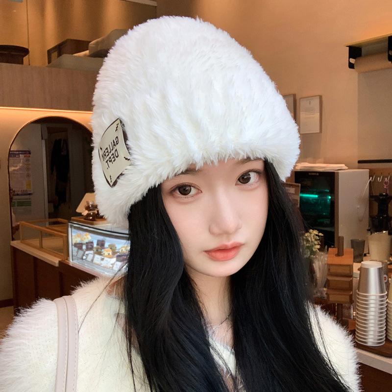 Plush Hat Women's Winter Thickened Warm Face Small Ear Protection Knitted Hat Cold Warm Big Head Circumference Wool Hat