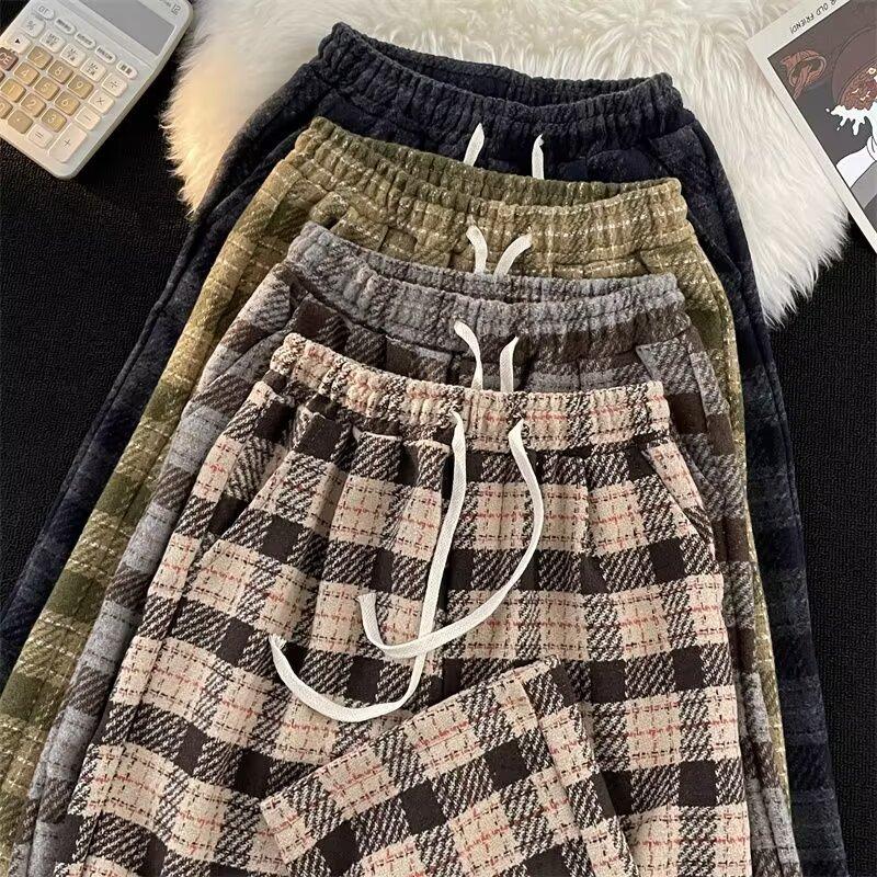 Wool Casual Pants Men's Japanese Loose Lazy Wind Wide Leg Pants Autumn and Winter Vintage Plaid Pants