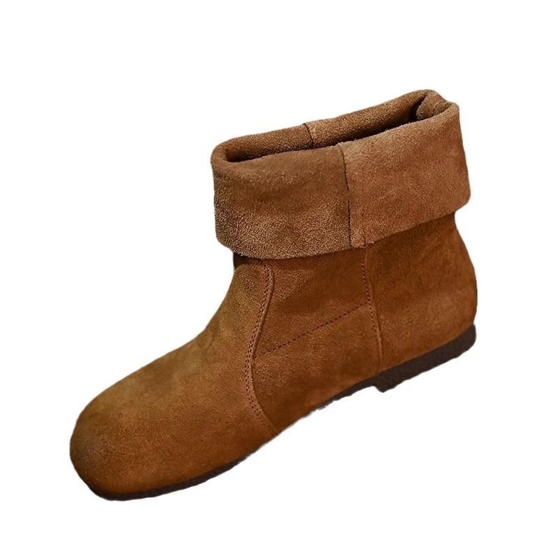 Two wear round head brown soft surface flat bottom short boots women's autumn and winter matte medium tube retro