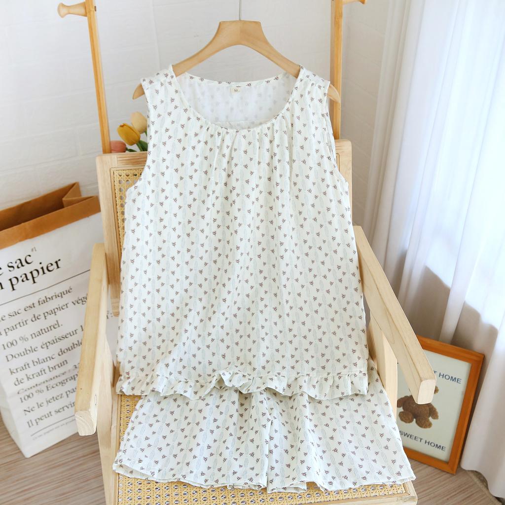 Pure Cotton Double-layer Yarn Pajamas Women's Summer Thin Vest Shorts Sweet Girl Style Can Be Worn Outside Loungewear Two-piece Set