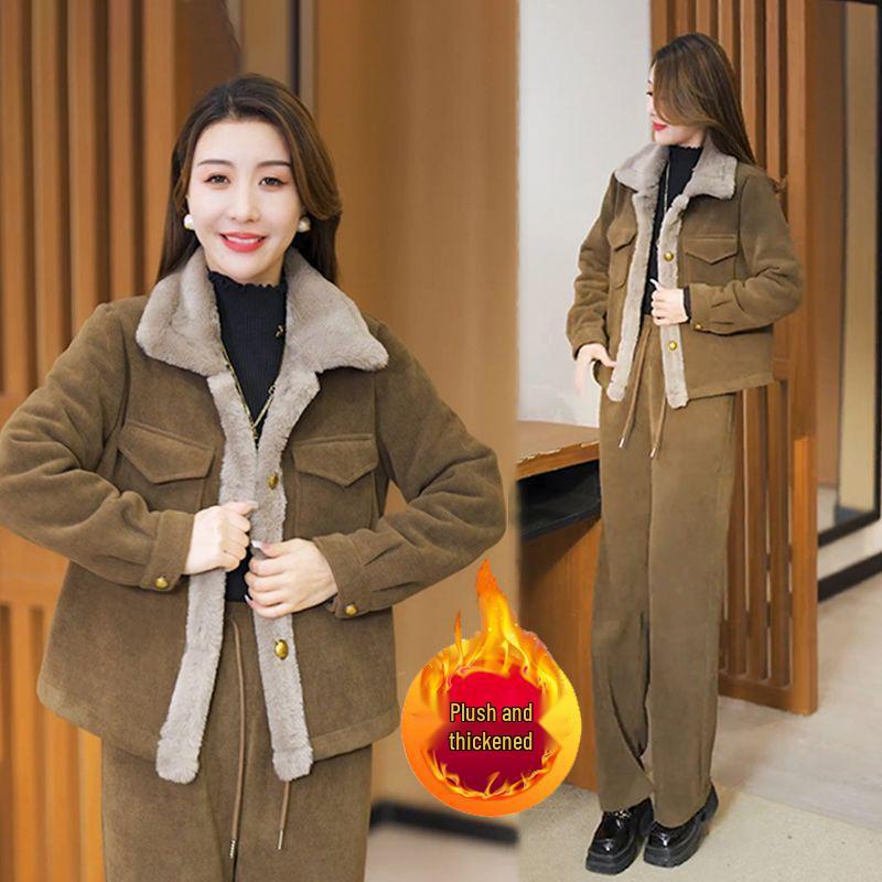 Arctic Velvet Corduroy Women s Stylish Plush Two-Piece Winter Set M осенний желтый