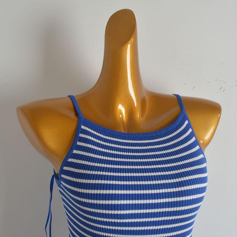 Western Style Gyaru Contrast Color Striped Knitted Suspender Skirt Women Clothes Summer New Waist Hugging Slimming Sheath Dress