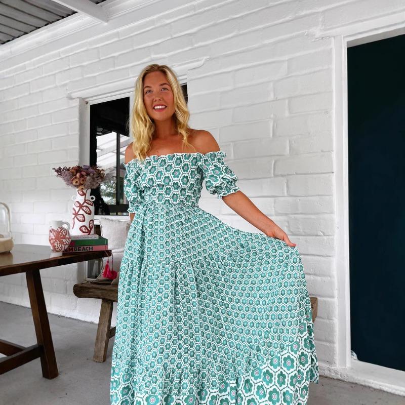 

Women s Print Puffy Sleeve Dress S зелёный