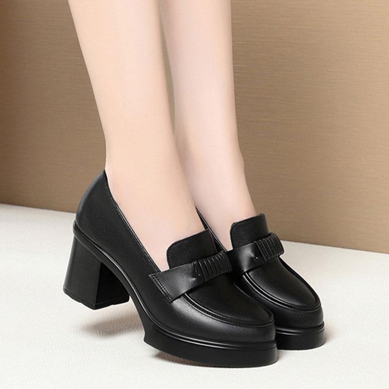 Fashion High Heels Spring New Thick Heels Mother's Shoes Deep Mouth Single Shoes For Women Thick Sole Hosting Etiquette Leather Shoes