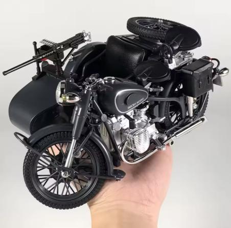 1:10 Alloy Retro Side Car Motorcycle Alloy Diecast Classic Military Tricycle Motorcycle Model Sound & Light Children Toy Car Boy