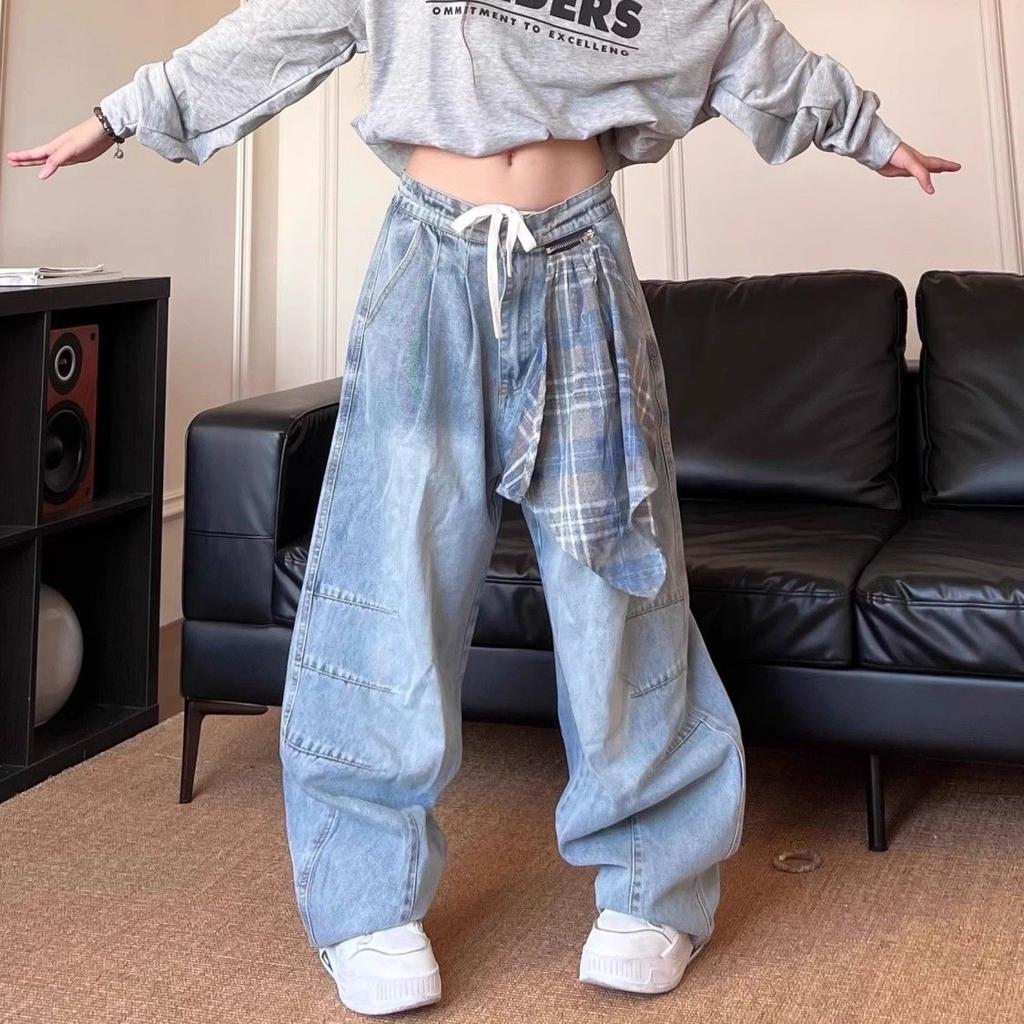 Y2K Cargo Jeans Damen Streetwear Plaid Patchwork Weite Bein Jeanshose Sommer Harajuku Koreanische Baggy Gerade Hose