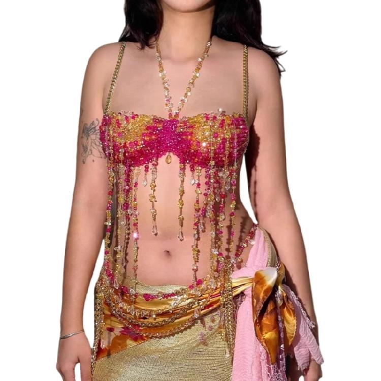 

Beaded Body Chain Bra Multilayer Beads Chest Chain Body Accessories Jewelry for Women Girls Nightclub Raves Body Jewel 1