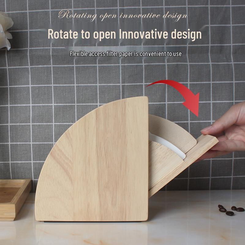 Aufbewahrungsbox für Kaffeefilterpapier aus Massivholz mit staubdichtem V60-Kegelständer und gewölbtem Boden.