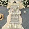 Autumn Winter Women Casual V-neck Three Quarter Sleeve Striped Knitted Sweater Long Midi Fishtail Dresses