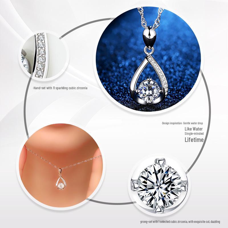 Korean Rhinestone Teardrop Pendant Necklace - Elegant Silver Clavicle Chain for Women