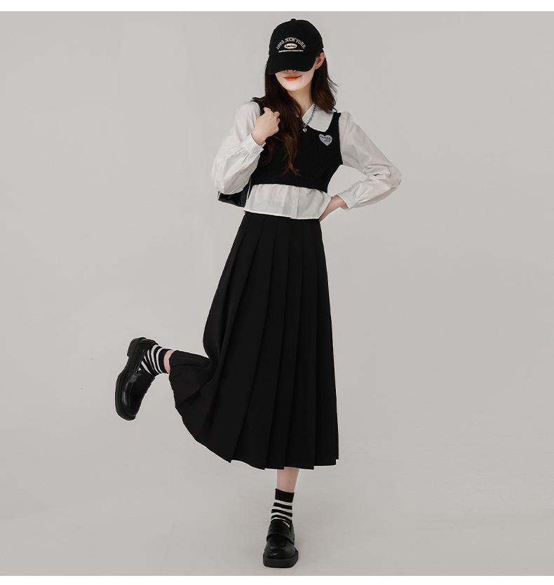 Gray Korean-Style High-Waisted Pleated Midi Skirt for Petite Women: Spring/Autumn A-Line Umbrella Design