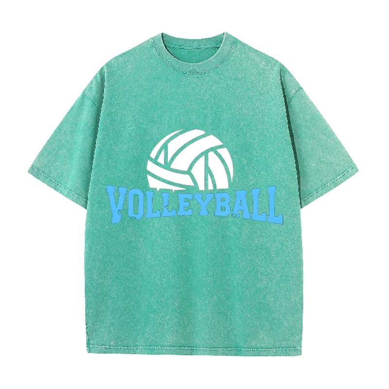 Volleyball Print Vintage Washed Black T Shirt Men Sports Casual Short Sleeve Tee