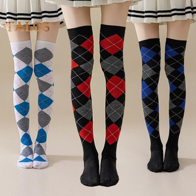 1 Pair Winter Socks Rhombus Printing Over-the-knee Socks Warm Extra Loose Ankles Contrasting Color Stockings for Daily Wear Dancing