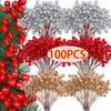 100/10PCS Red Artificial Berries Branch Christmas 7 Heads Holly Berry Stems DIY Craft Wreath New Year Party Xmas Tree Decoration