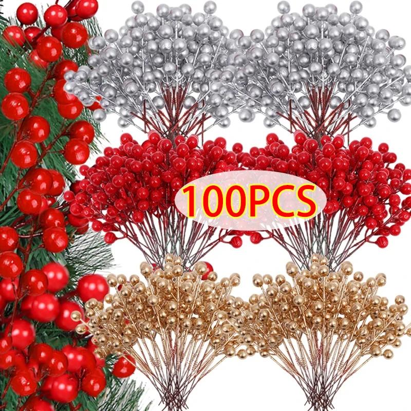 100/10PCS Red Artificial Berries Branch Christmas 7 Heads Holly Berry Stems DIY Craft Wreath New Year Party Xmas Tree Decoration