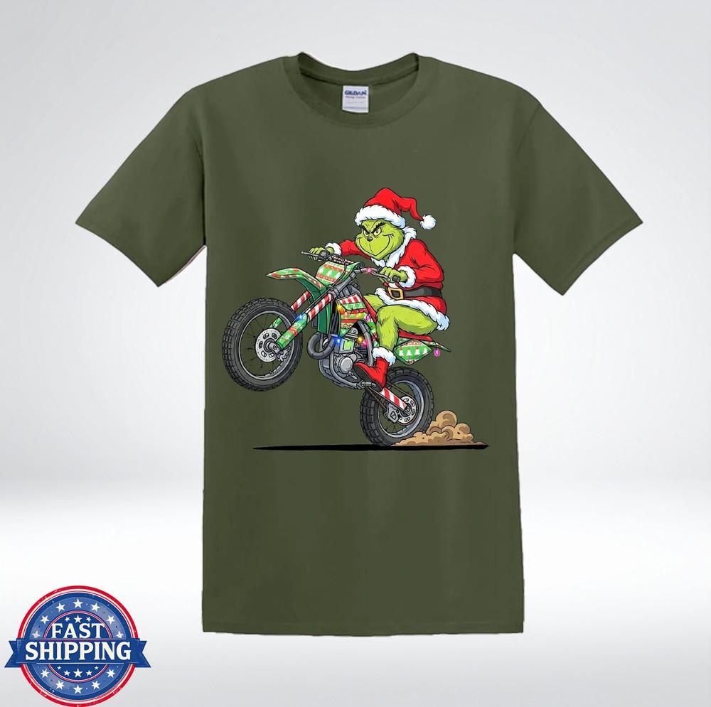 Смешная зеленая рождественская монстр-мотоциклист Мотоциклетная графика Графическая футболка M