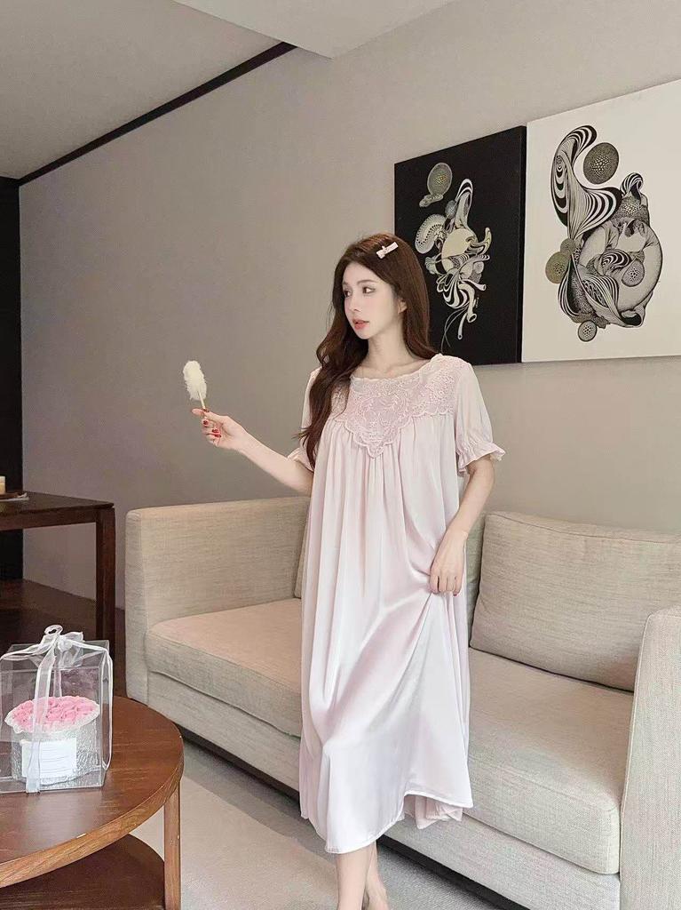 Summer new ice silk pajamas for women, palace style, French thin nightdress with padded bra, high-end girlish short-sleeved long skirt