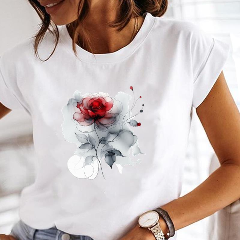 (Asian Size) Casual Clothing Printed Female Top T Shirt o-neck watercolor flower Short Sleeve T-shirts Lady Fashion Women Graphic Tee