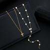 New 2Pcs/Set Cross Long Pearl Tassel Necklace for Women Simple Gold Color Multilayer Pendant Necklaces Set Fashion Party Jewelry