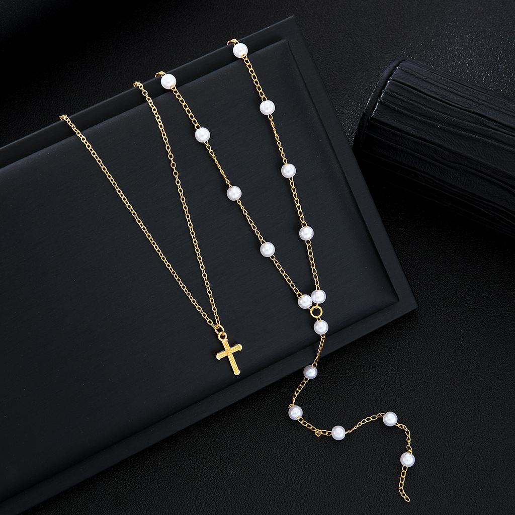 New 2Pcs/Set Cross Long Pearl Tassel Necklace for Women Simple Gold Color Multilayer Pendant Necklaces Set Fashion Party Jewelry